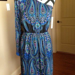 NWT $128.00, Gianni Bini women one shoulder dress, Blue Paisley, Size XS